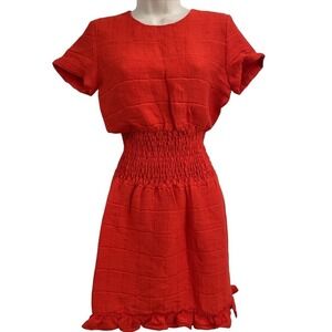 Maje Red Textured Smocked Waist Short Sleeve Ruffle Hem Dress Size 1